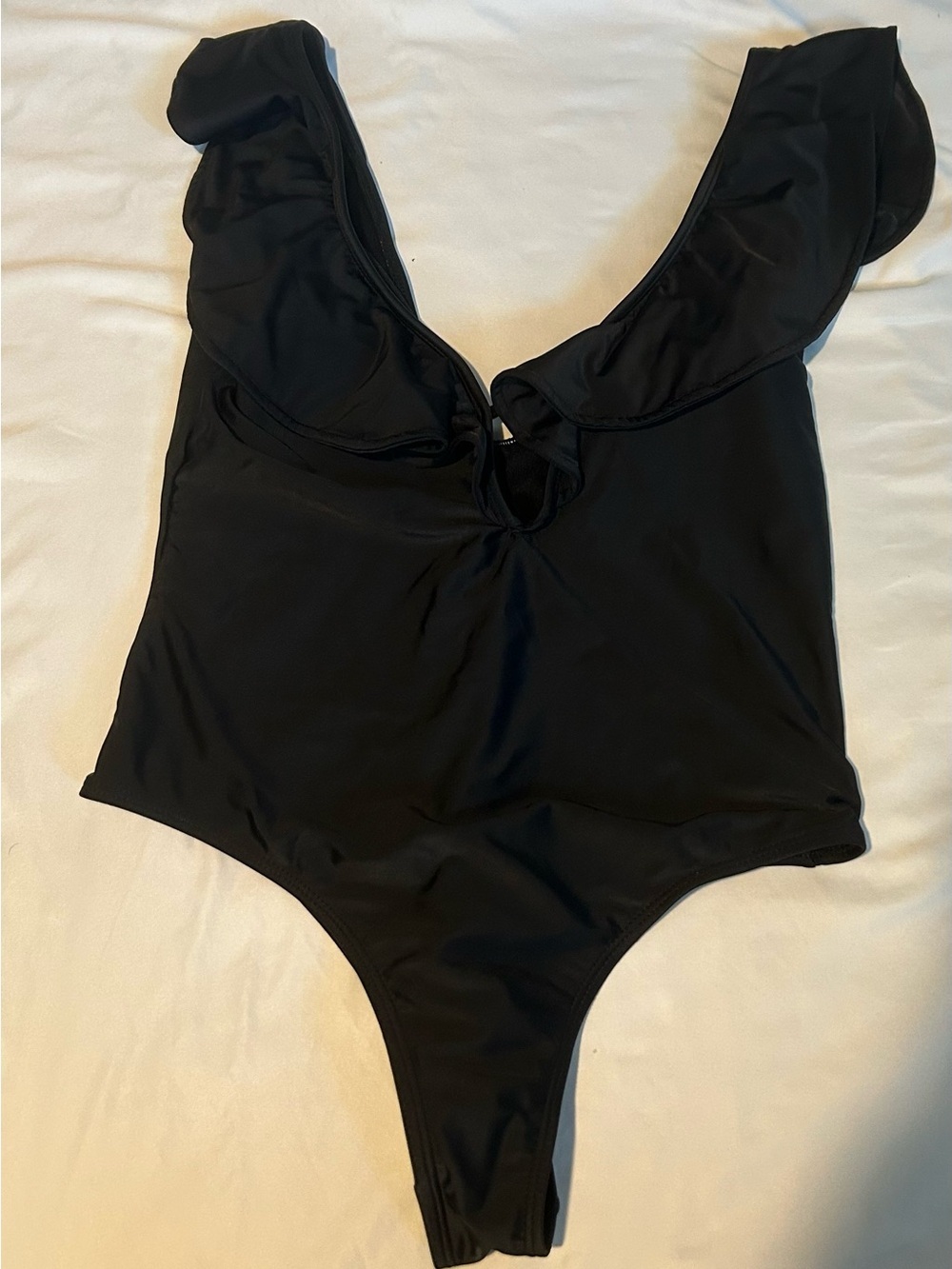 Source Unknown Black Ruffle-Shoulder One-Piece Swimsuit 0071